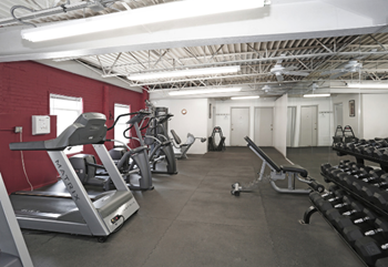 A gym with treadmills, weight benches and dumbbells.